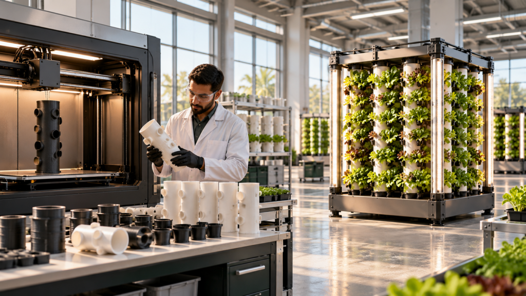 Visualización conceptual de fabricación aditiva local junto a un módulo de cultivo GreenSpire
