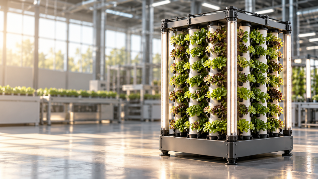 Visualización conceptual del módulo GreenSpire de cultivo controlado con nueve torres verticales